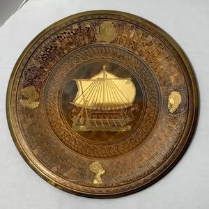 Vintage Egyptian Brass Copper Plate Decorative Art 8" Metal Sailing Ship Busts
